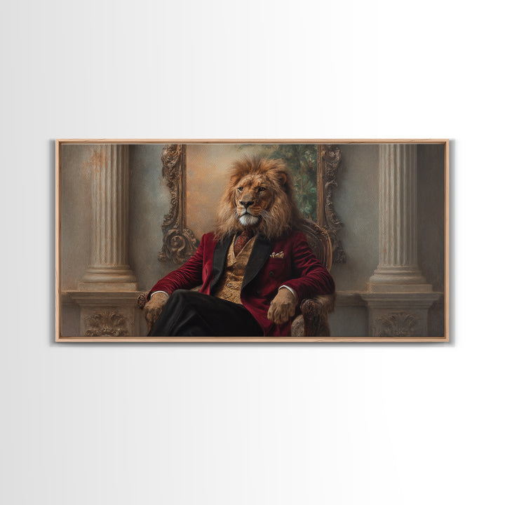 Lion King In Red Velvet Suit Canvas Print, Regal Animal Wall Art, Victorian Portrait, Masculine Office Decor, Gift For Him