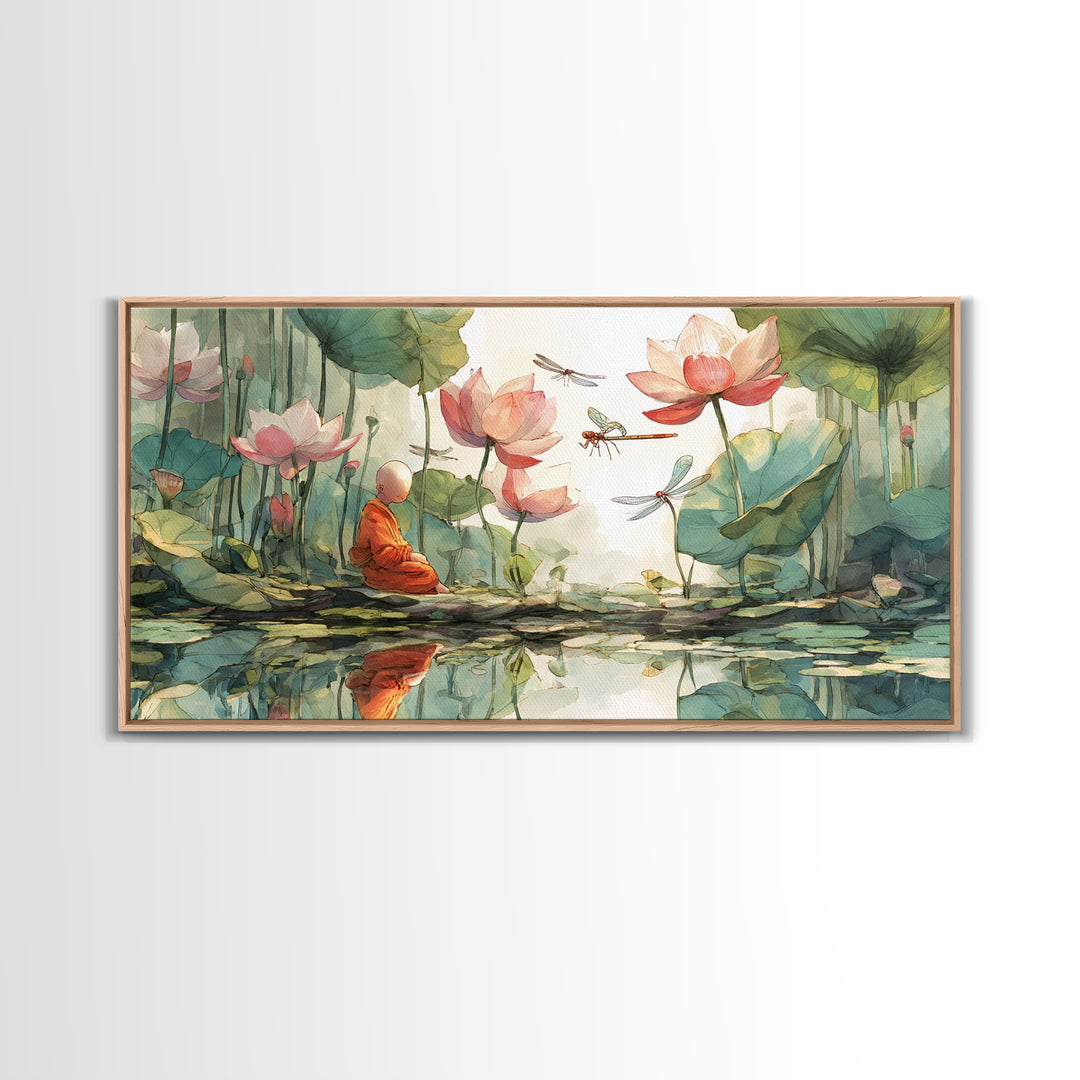 Serene Meditating Monk Among Lotus Flowers And Dragonflies Wall Art Beautiful Calm Nature Scene Framed Canvas Print