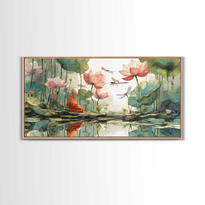 Serene Meditating Monk Among Lotus Flowers And Dragonflies Wall Art Beautiful Calm Nature Scene Framed Canvas Print