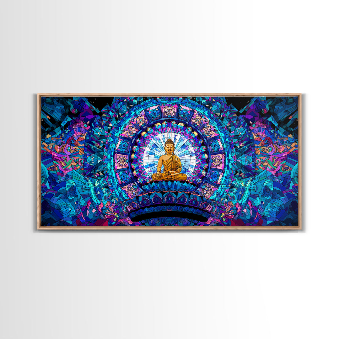 Stained Glass Style Blue Buddha Meditation Wall Art Framed Canvas Print For Spa Decor And Spiritual Home Decor
