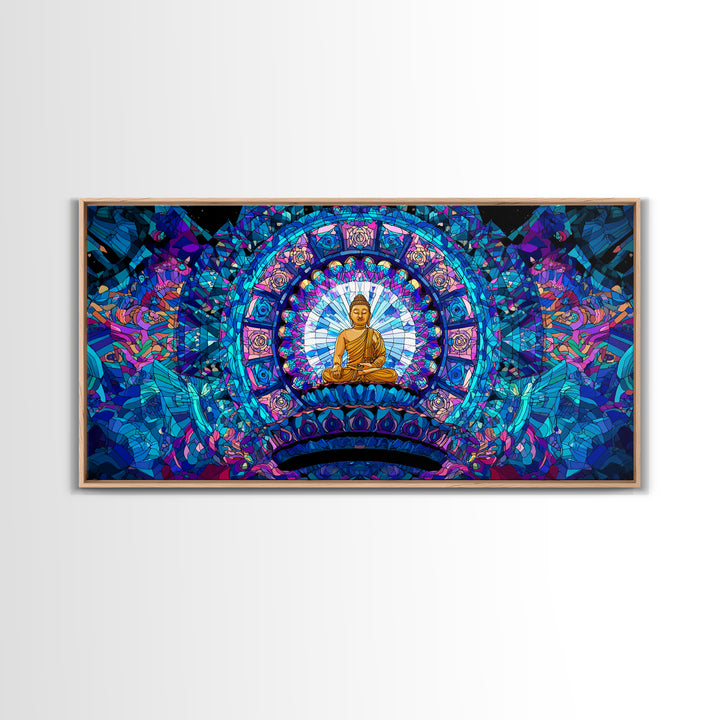 Stained Glass Style Blue Buddha Meditation Wall Art Framed Canvas Print For Spa Decor And Spiritual Home Decor