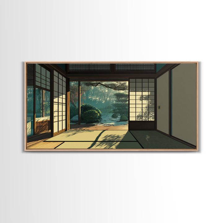 Sunlit Japanese Interior With Garden View Painting Canvas Print Minimalist Wall Art For Bedroom And Office