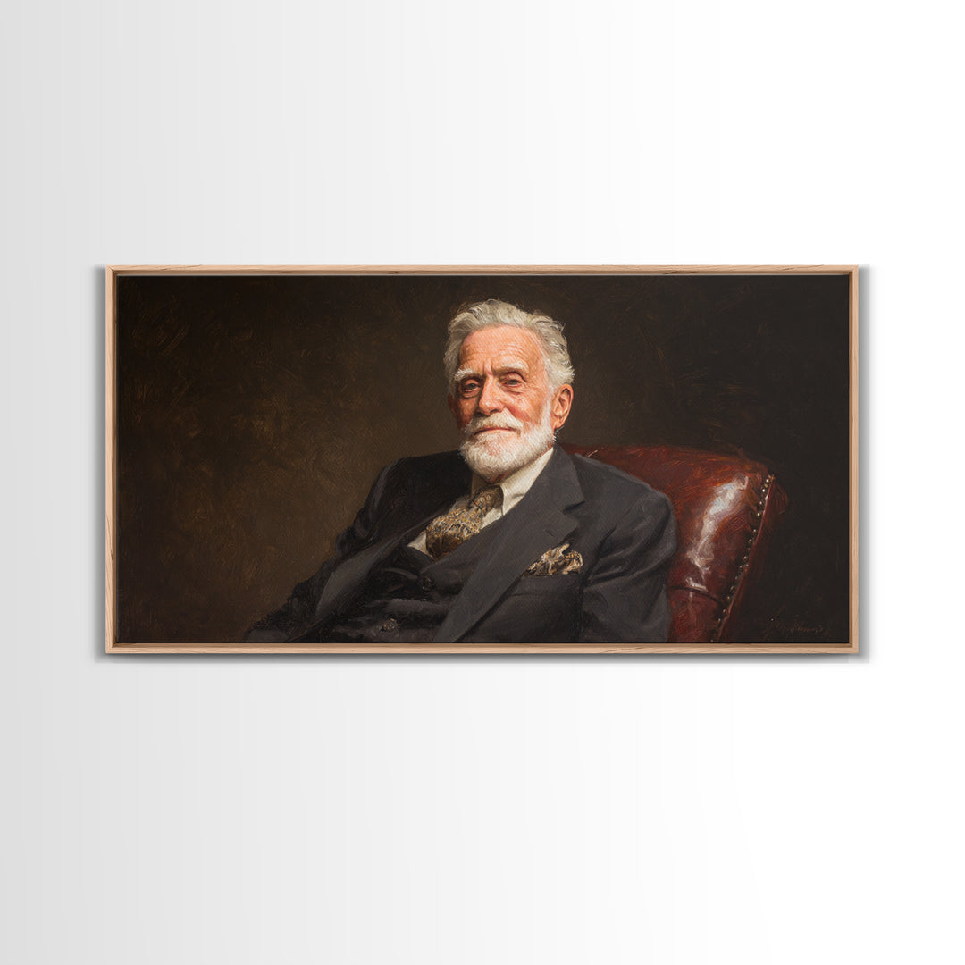 Distinguished Elder Gentleman Portrait Framed Canvas Print, Classic Wall Art, Dark Academia Decor, Office Art, Gift For Him