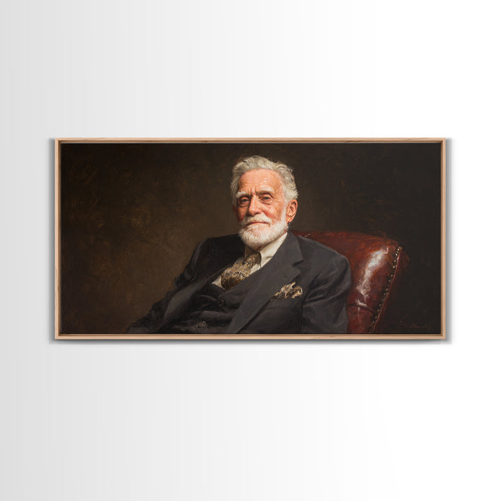 Distinguished Elder Gentleman Portrait Framed Canvas Print, Classic Wall Art, Dark Academia Decor, Office Art, Gift For Him