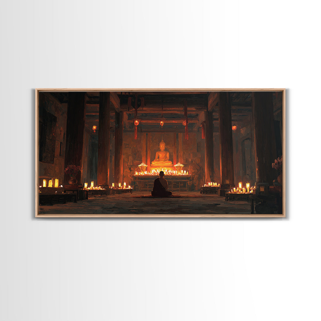 Serene Buddha Meditation In Candlelit Temple Painting Wall Art Home Spiritual Canvas Print Zen Decor
