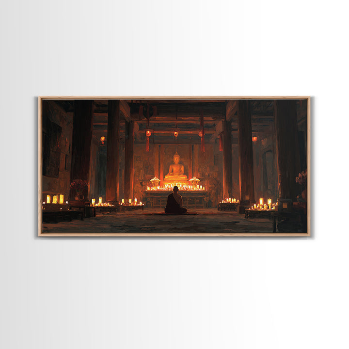 Serene Buddha Meditation In Candlelit Temple Painting Wall Art Home Spiritual Canvas Print Zen Decor