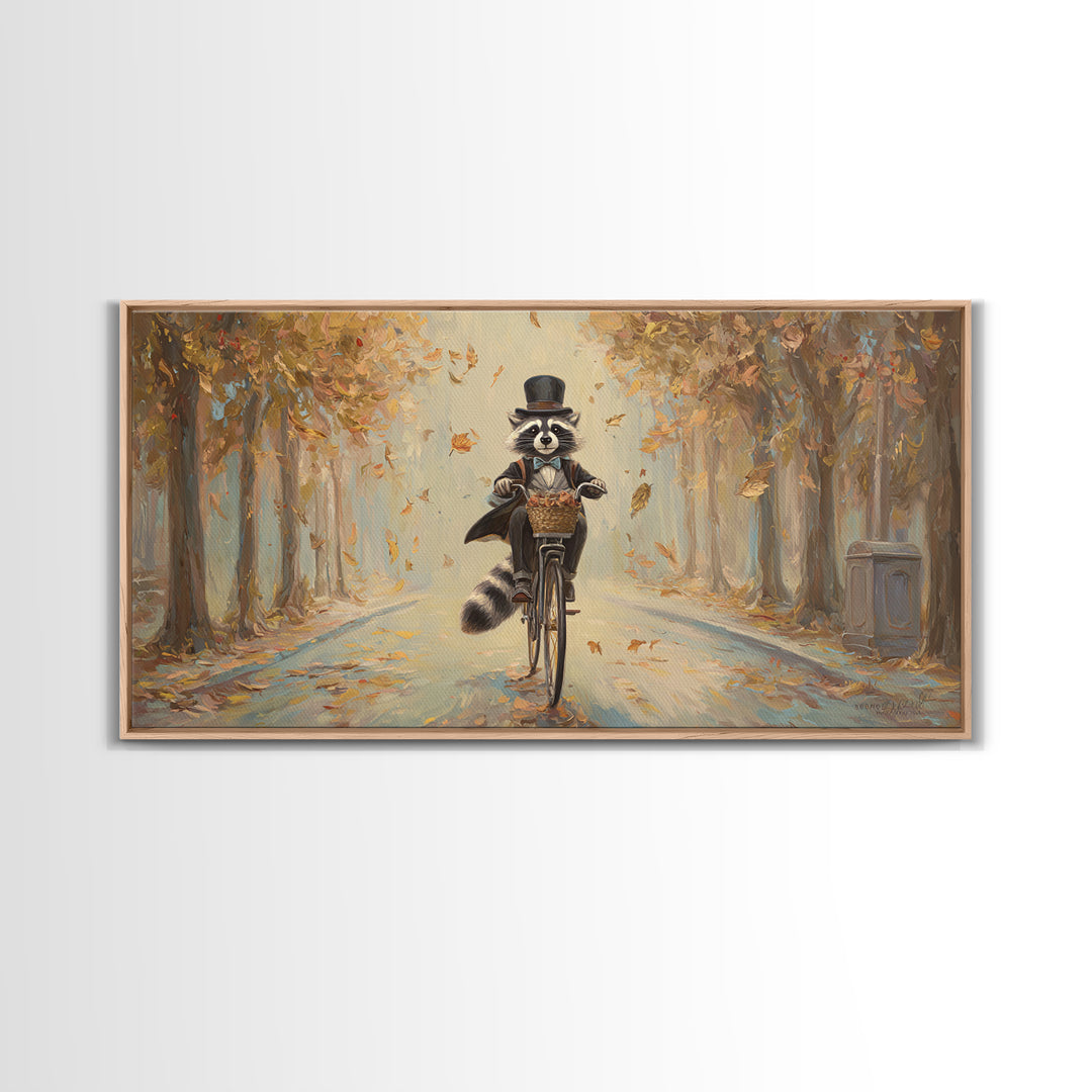 Whimsical Raccoon Riding Bicycle Canvas Print, Autumn Wall Art, Cute Animal Art, Kids Room Decor, Nursery Wall Art, Gift