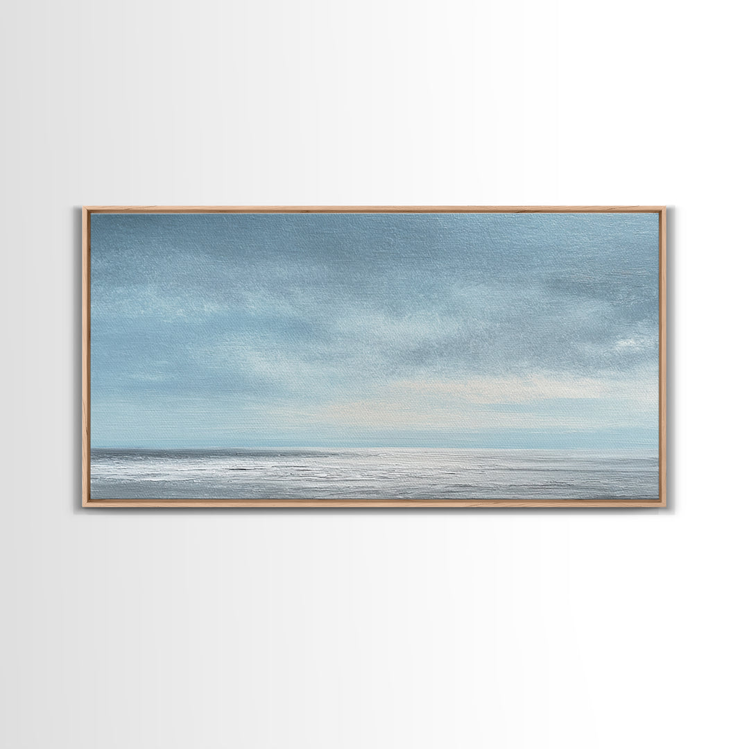 Tranquil Seascape Oil Painting With Soft Blue Sky And Ocean Horizon Peaceful Wall Art Canvas Print