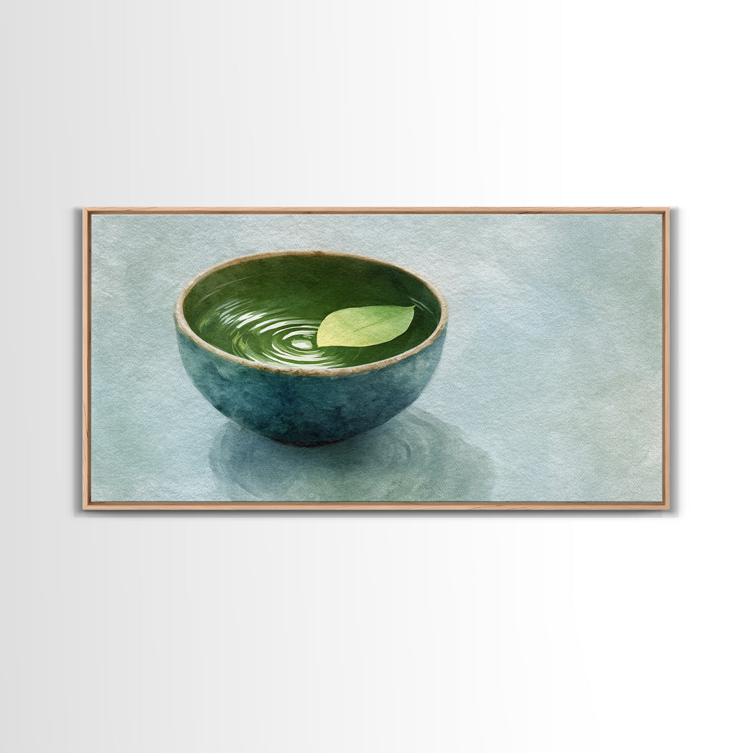 Minimalist Ceramic Bowl With Leaf Floating On Water Art Print For Zen Home Decor Framed Canvas Print