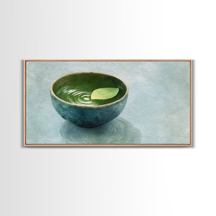Minimalist Ceramic Bowl With Leaf Floating On Water Art Print For Zen Home Decor Framed Canvas Print