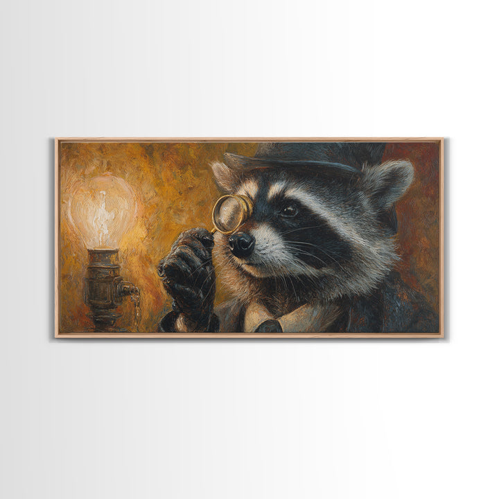 Raccoon Detective With Magnifying Glass Canvas Print, Whimsical Animal Wall Art, Steampunk Decor, Quirky Office Art, Gift