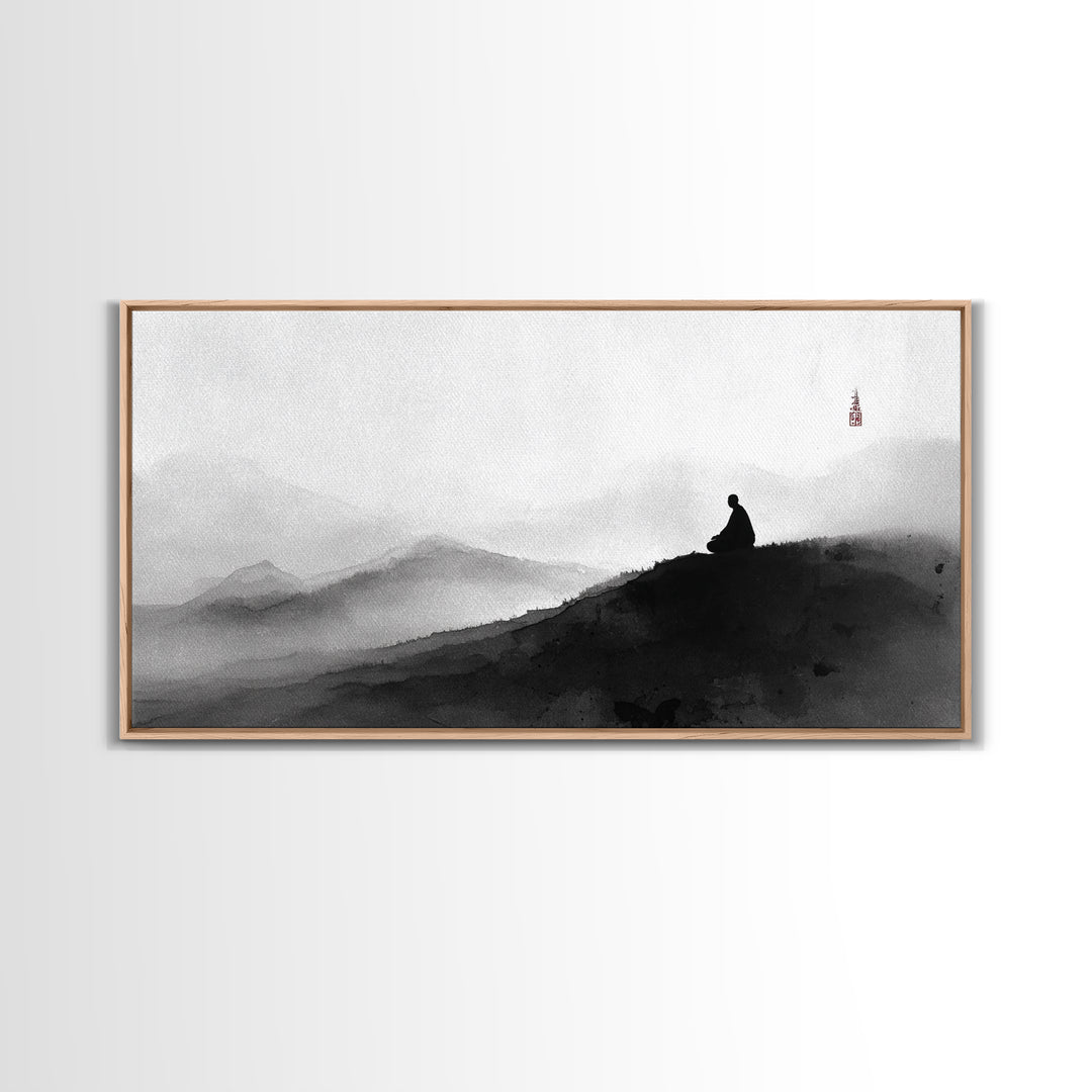 Peaceful Black And White Zen Mountain Meditation Wall Art Framed Canvas Print Spiritual Decor