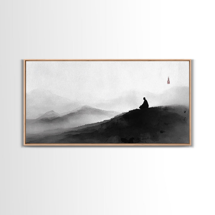 Peaceful Black And White Zen Mountain Meditation Wall Art Framed Canvas Print Spiritual Decor