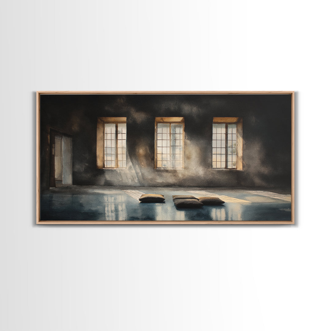 Sunlit Empty Room With Cushions And Large Windows Oil Painting Canvas Print Moody Wall Art For Minimalist Office Decor