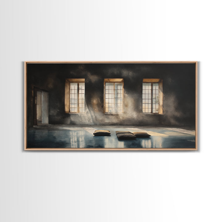 Sunlit Empty Room With Cushions And Large Windows Oil Painting Canvas Print Moody Wall Art For Minimalist Office Decor