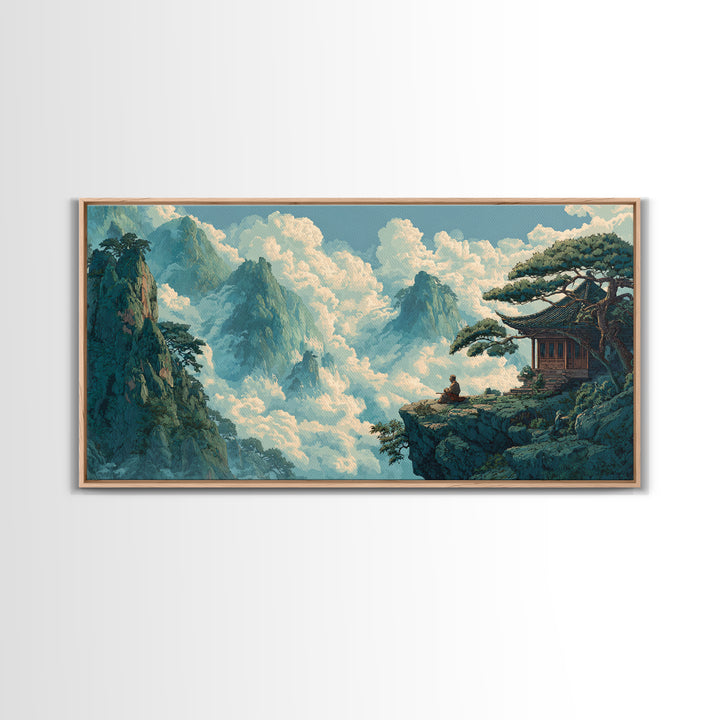 Serene Asian Landscape With Meditating Monk On Cliff Wall Art Modern Wall Decor Framed Canvas Print For Zen Living Room