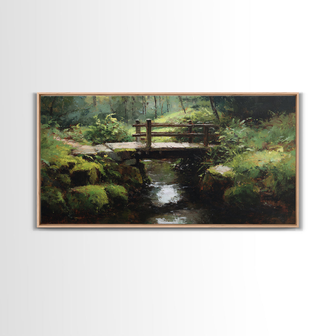Nature Trail With Wooden Bridge Over Stream Forest Waterfall Landscape Painting Canvas Print Wall Art