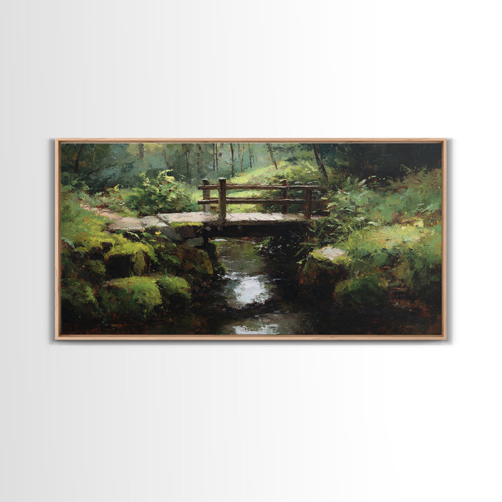 Nature Trail With Wooden Bridge Over Stream Forest Waterfall Landscape Painting Canvas Print Wall Art