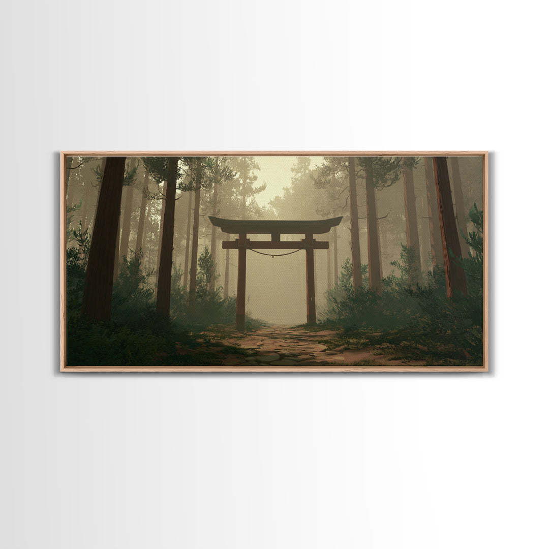 Mystical Japanese Torii Gate In Foggy Forest Scenic Landscape Wall Art Framed Canvas Print For Zen Home Decor And Meditation Space