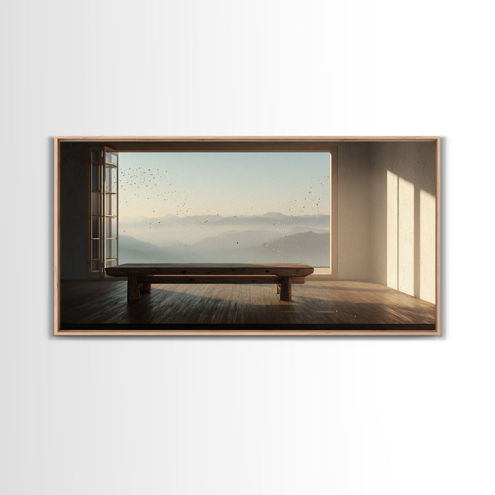 Serene Minimalist Room With Large Window Overlooking Mountain Landscape Zen Wall Art Canvas Print For Calm Living Room Decor Or Office Decoration