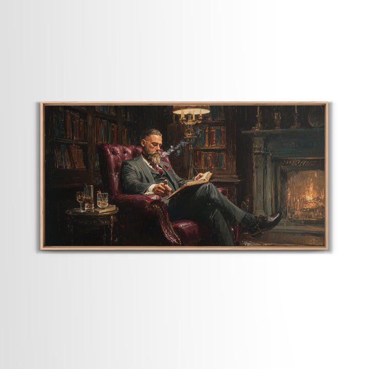 Bearded Man Reading By Fireplace Wall Art, Cozy Library Decor, Dark Academia Art, Book Lover Gift, Office Decor, Living Room Art