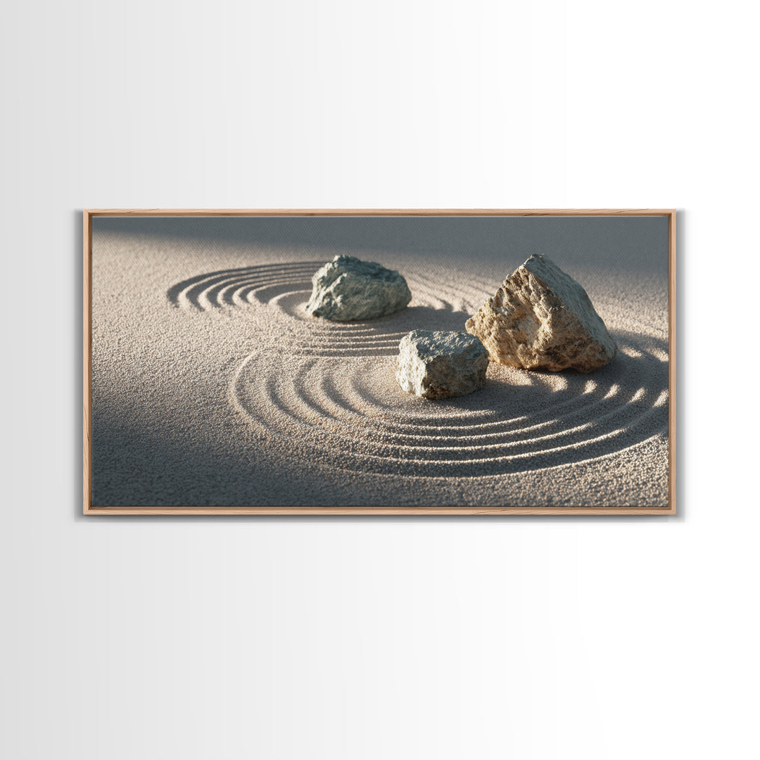 Zen Japanese Rock Garden With Sand And Stones Minimalist Wall Art Canvas Print For Calming Home Decor And Meditation Space