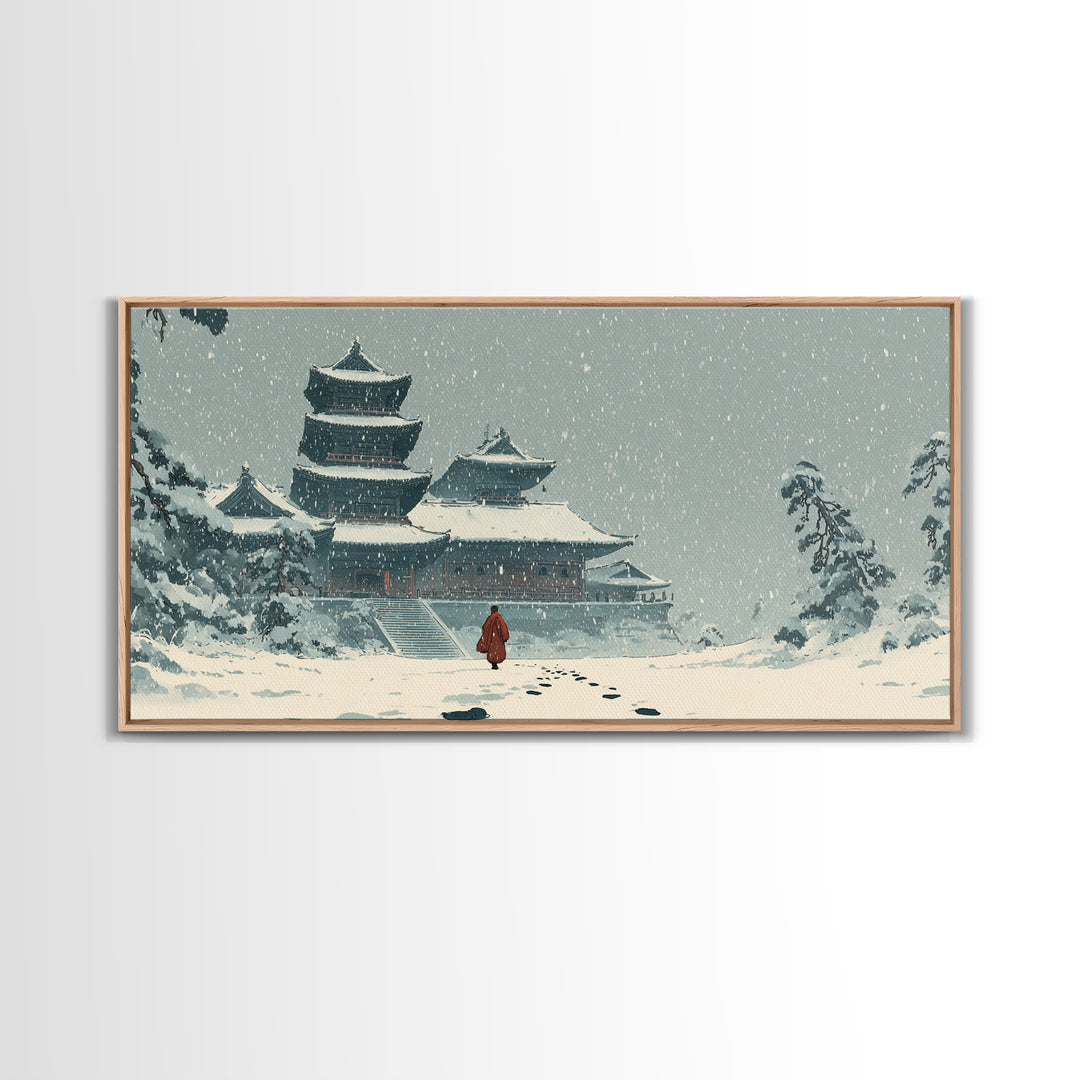 Snowy Temple Scene With Footprints In The Snow Winter Landscape Painting Framed Canvas Print