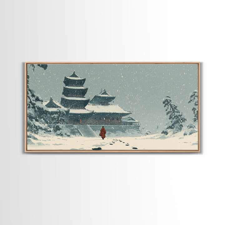 Snowy Temple Scene With Footprints In The Snow Winter Landscape Painting Framed Canvas Print
