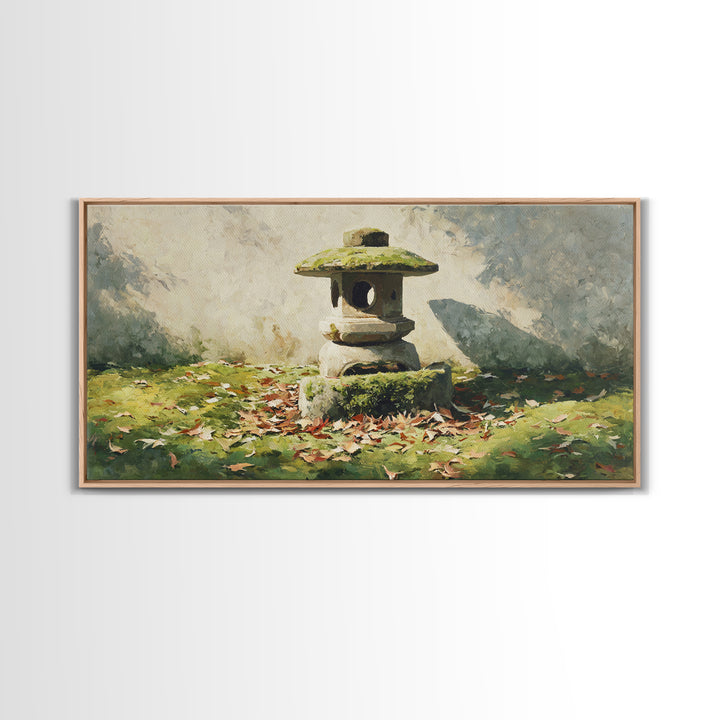 Classic Japanese Stone Lantern In Autumn Garden With Fallen Leaves Wall Art Traditional Asian Garden Canvas Print Framed