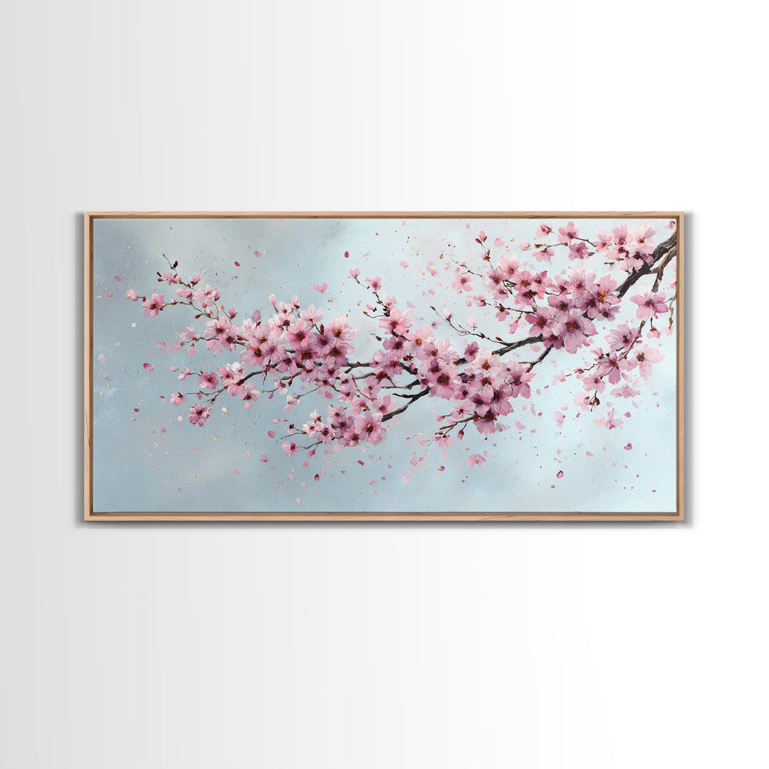 Pink Cherry Blossom Wall Art, Sakura Branch Painting, Japanese Botanical Decor, Spring Floral Living Room Bedroom Canvas Print