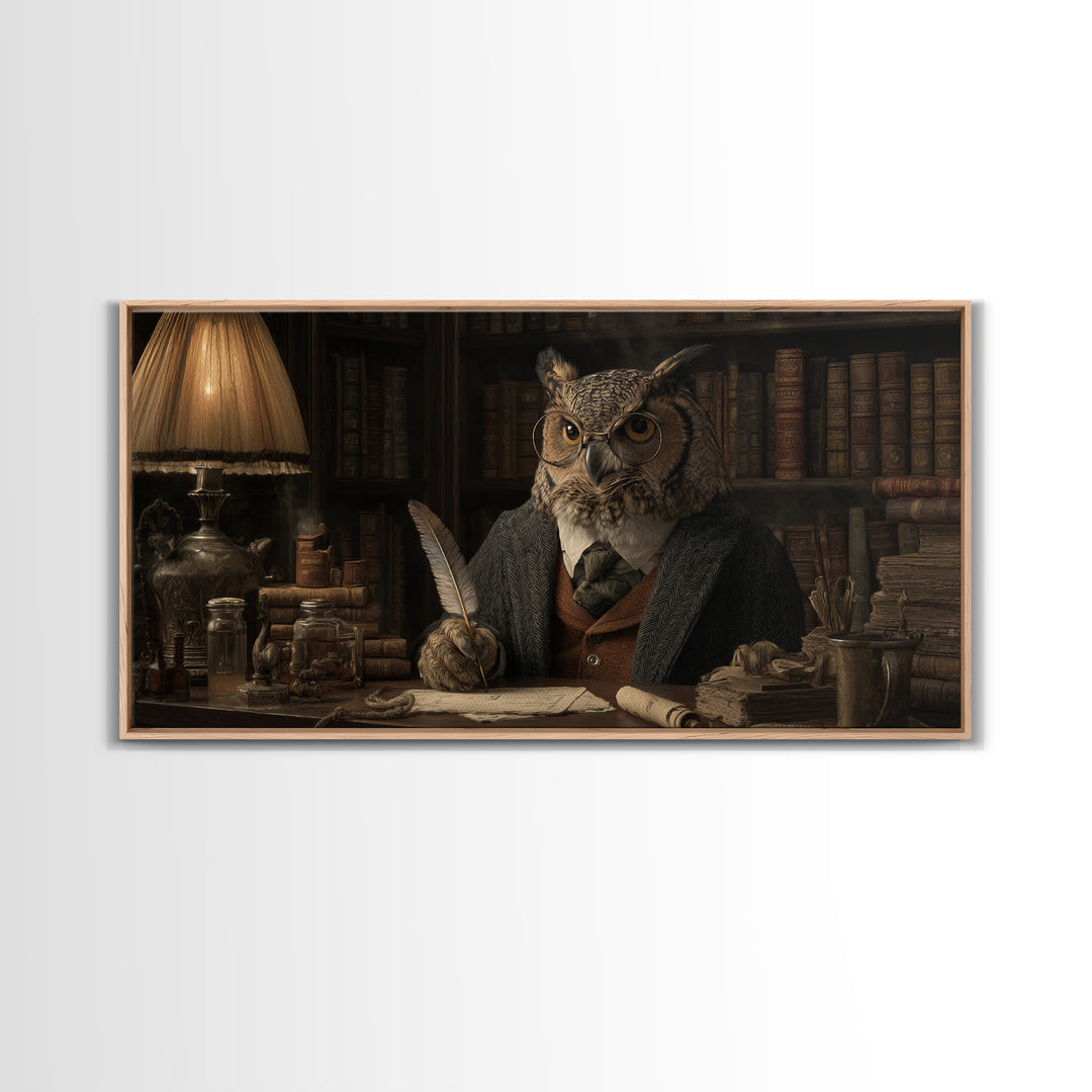 Scholar Owl In Antique Library Canvas Print, Whimsical Animal Wall Art, Dark Academia Decor, Book Lover Gift, Office Art