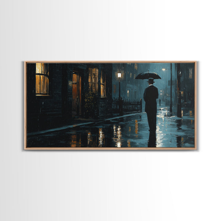 Rainy Noir City Street Wall Art, Blue Urban Night Canvas Print, Moody Office Decor, Dark Academia Living Room Print, Gift