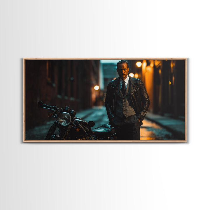 Moody Biker With Motorcycle In Rainy Alley Framed Canvas Print, Masculine Wall Art, Urban Wall Decor, Man Cave Gift For Him