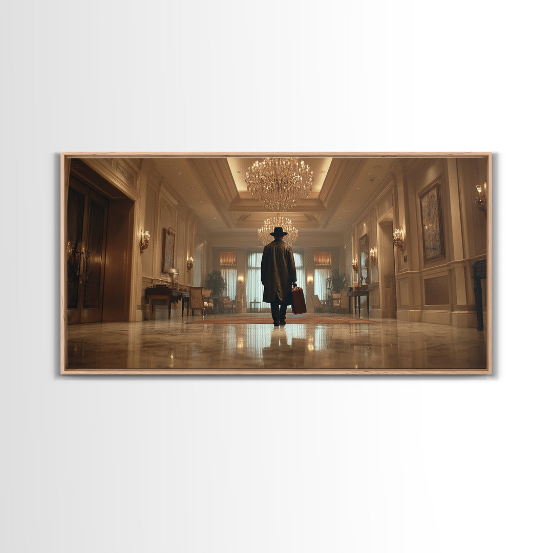 Mysterious Traveler In Luxury Hotel Lobby Canvas Print, Moody Wall Art, Dark Academia Decor, Grand Hallway Office Art Gift