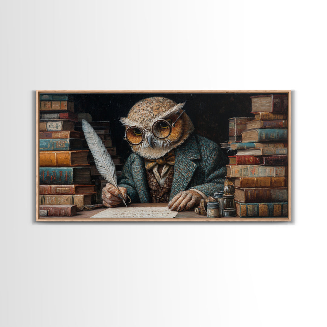 Scholarly Owl Writing Among Antique Books Framed Canvas Print, Whimsical Wall Art, Library Decor, Dark Academia, Bird Lover Gift