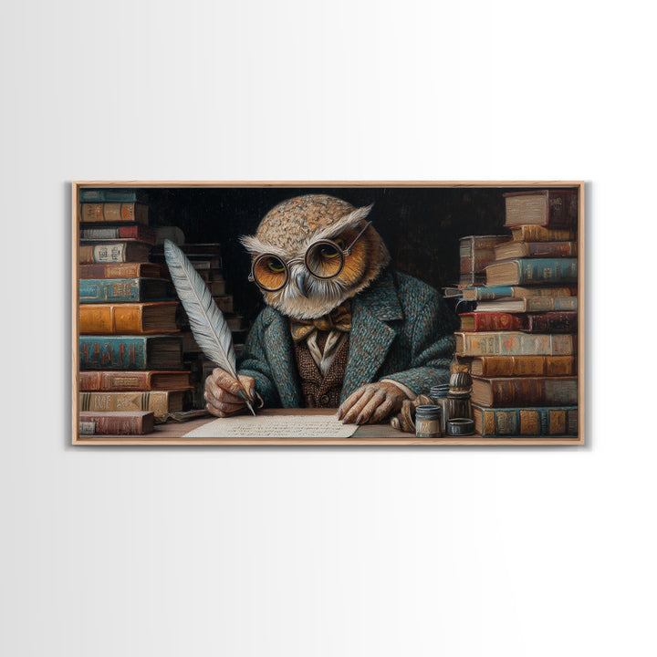 Scholarly Owl Writing Among Antique Books Framed Canvas Print, Whimsical Wall Art, Library Decor, Dark Academia, Bird Lover Gift