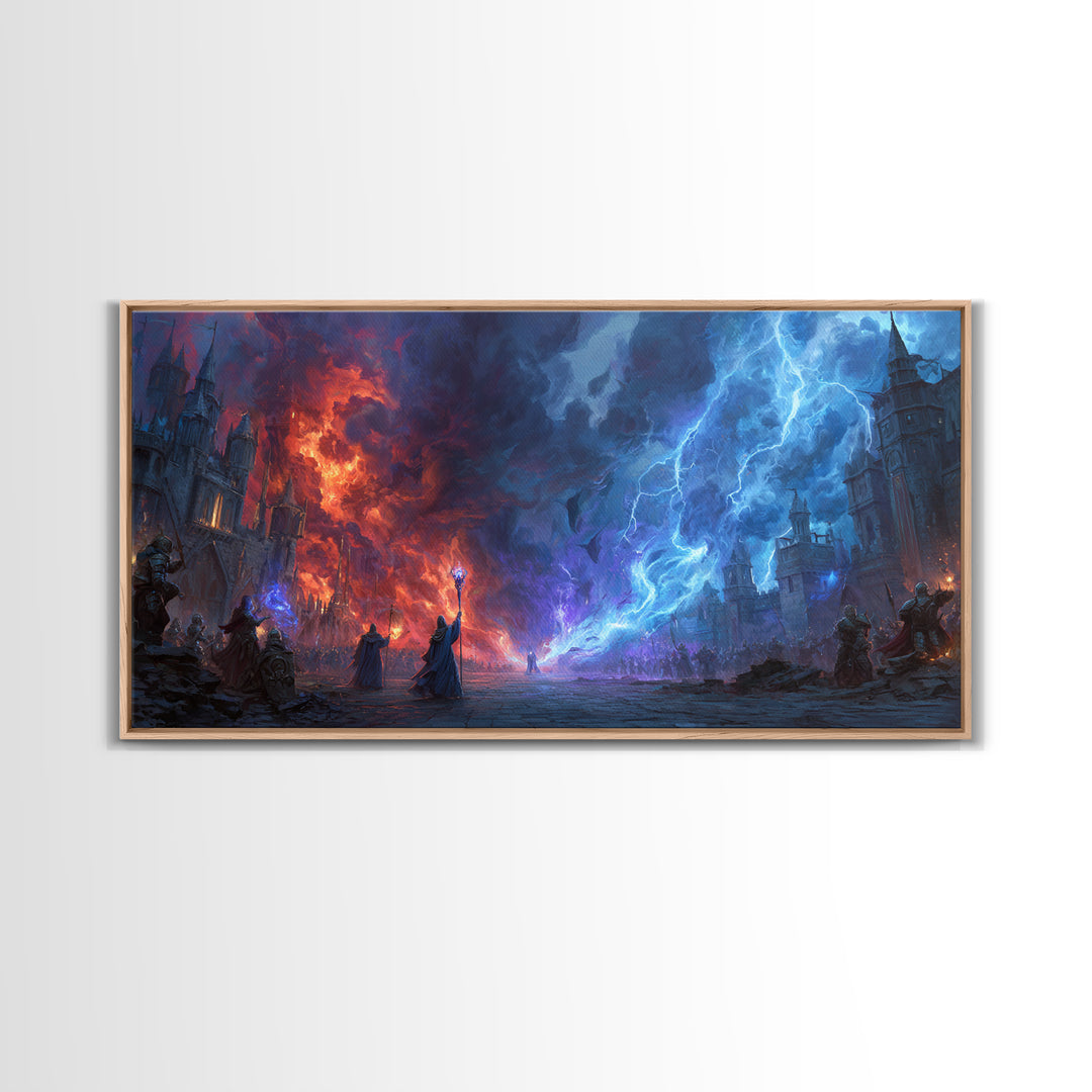 Epic Fire And Lightning Battle Wall Art, Dark Fantasy Art, Dragon Castle Scene, Gothic Wall Decor, Gaming Room Decor, Sci Fi Art
