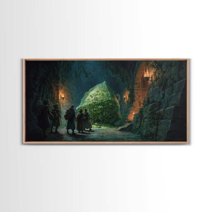 Adventurers Face A Green Slime Monster Canvas Print, Fantasy Art, Dungeon Wall Decor, Dnd Art Print, Gaming Room Decor, Gift