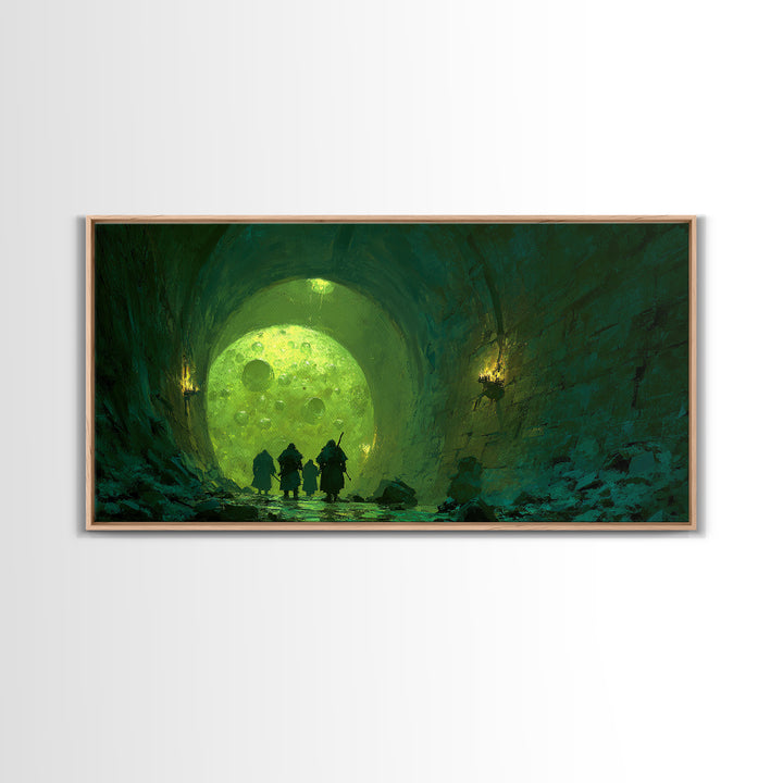 Glowing Green Moon Tunnel Wall Art, Dark Fantasy Landscape, Dungeon Decor, Whimsical Art Print, Gaming Room Wall Decor, Gift