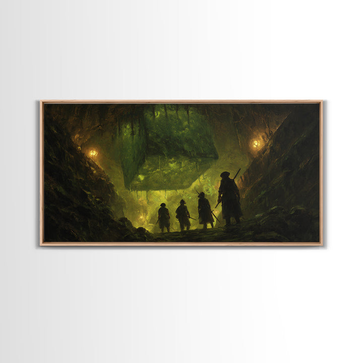 Adventurers Discover Floating Green Cube Canvas Print, Fantasy Cavern Wall Art, Dnd Decor, Gaming Room Art, Unique Gift Idea
