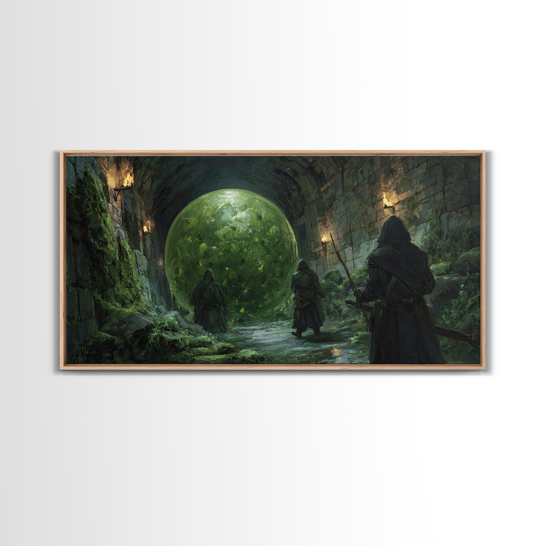 Cloaked Rangers Approach Green Orb Framed Canvas Print, Fantasy Dungeon Wall Art, Gothic Decor, Dnd Art, Gaming Room Decor
