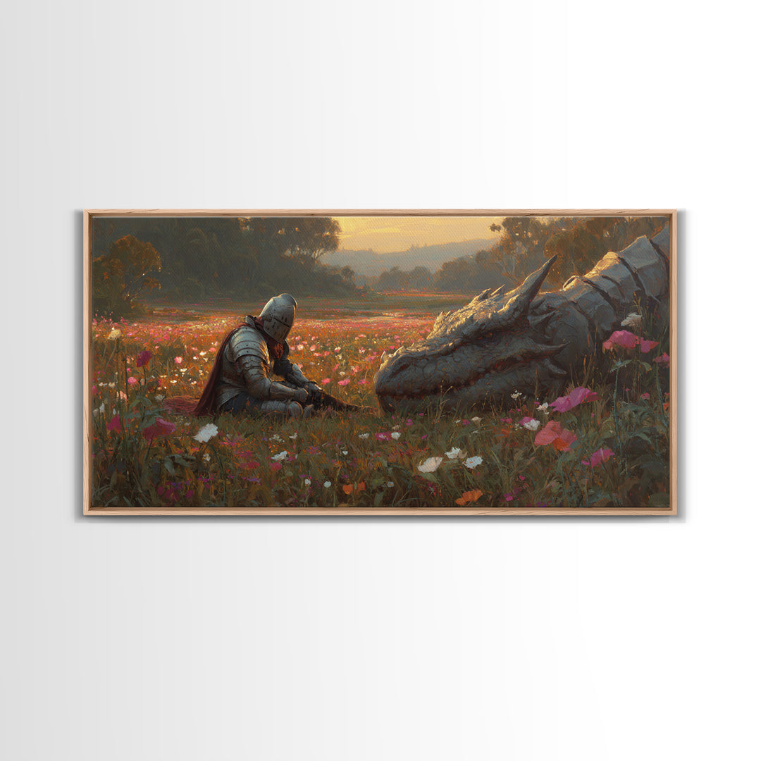 Resting Knight And Sleeping Dragon In Wildflower Meadow Framed Canvas Print, Fantasy Wall Art, Medieval Home Decor, Gift For Her