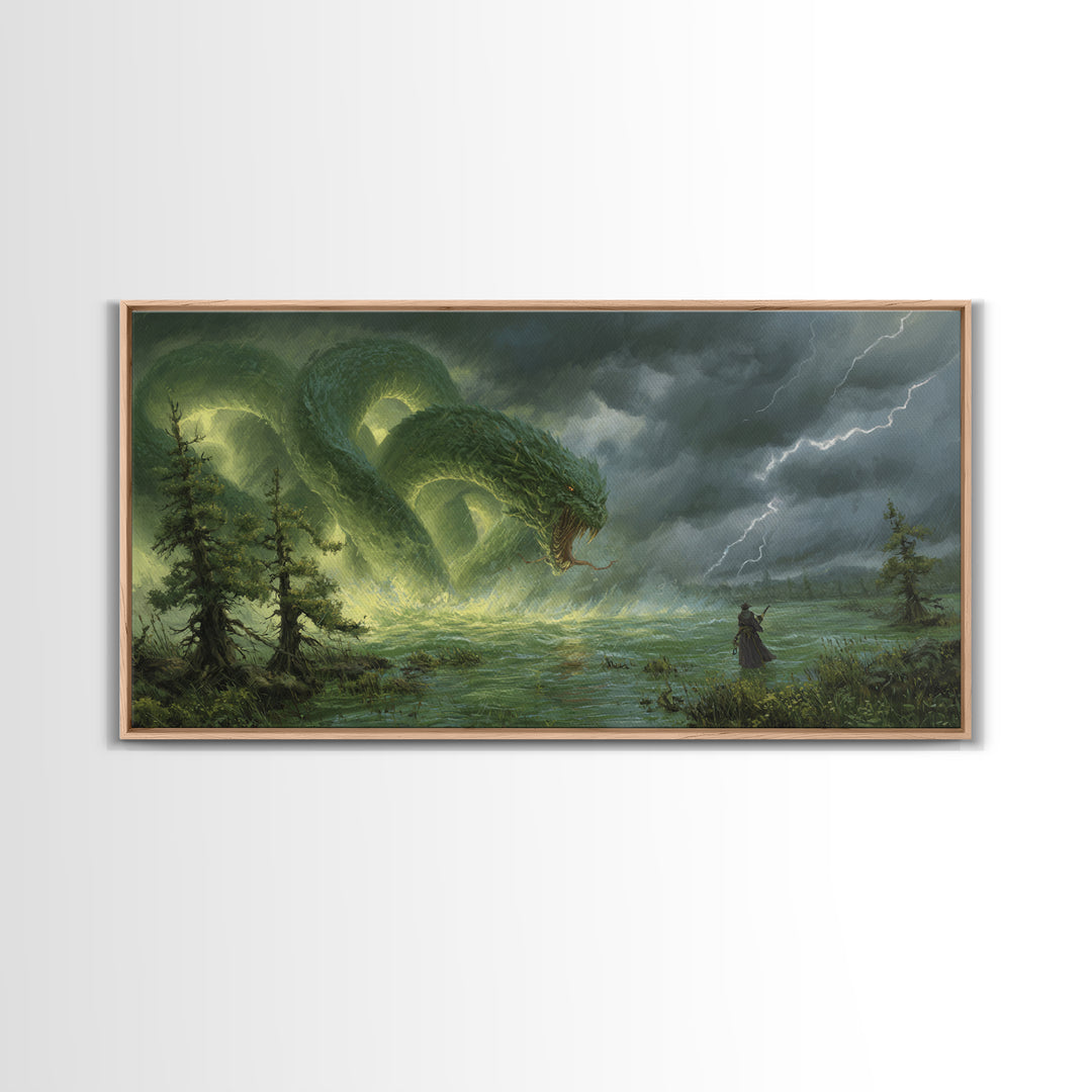 Giant Emerald Serpent In Stormy Marsh Canvas Print, Fantasy Wall Art, Dragon Artwork, Dark Academia Home Decor, Mystical Wall Decor