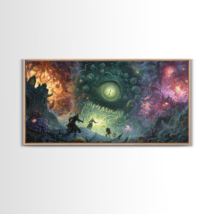 Adventurers Facing Cosmic Portal Monster Canvas Print, Surreal Fantasy Wall Art, Lovecraftian Game Room Decor Gift For Him