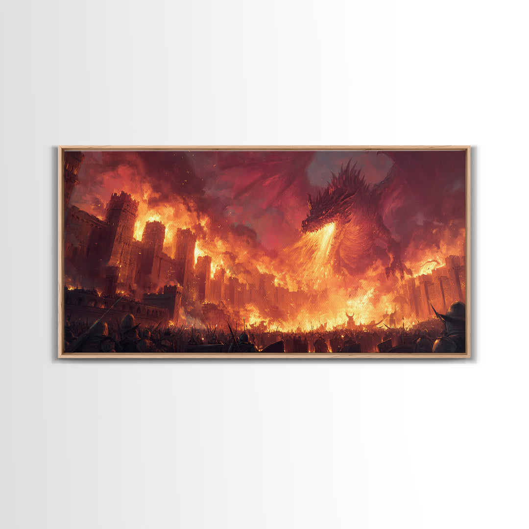 Fire Dragon Attacking Burning Castle City Framed Canvas Print, Dark Fantasy Wall Art, Medieval Battle Home Decor Gift For Him