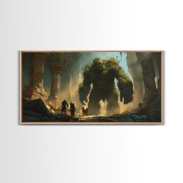 Ancient Moss Giant In Overgrown Temple Ruins Canvas Print, Fantasy Wall Art, Mythical Adventure Home Decor Gift For Gamer