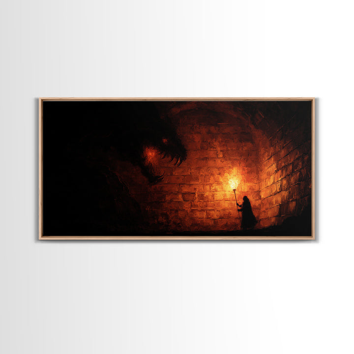 Cloaked Figure With Torch Facing Dungeon Beast Canvas Print, Gothic Wall Art, Dark Fantasy Creepy Horror Decor Gift For Him