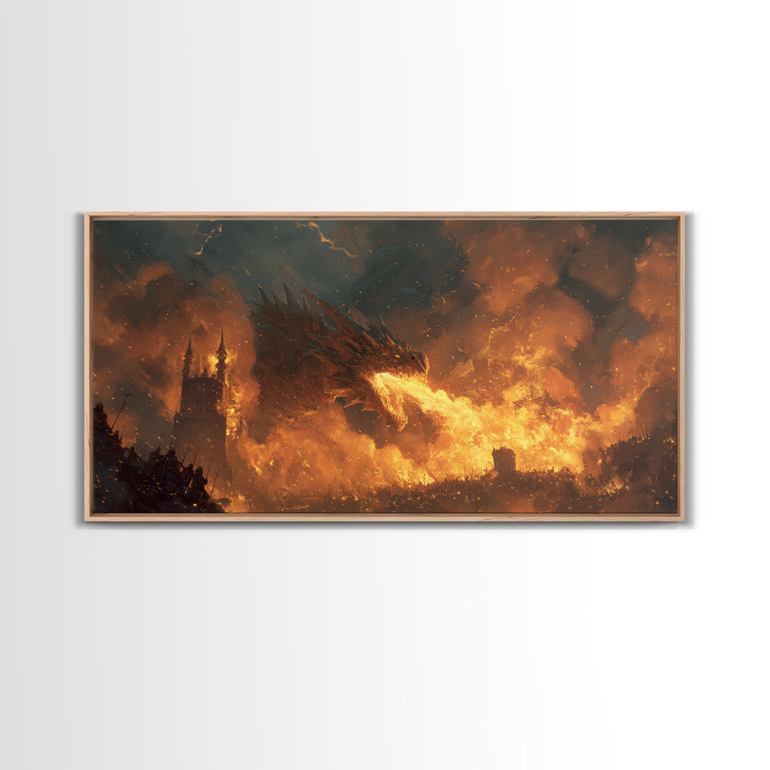 Red Dragon Breathing Fire Over War Torn Kingdom Framed Canvas Print, Epic Fantasy Wall Art, Medieval Castle Decor Gift For Him