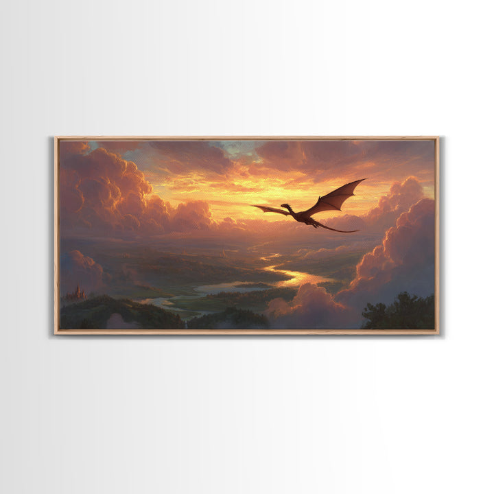 Sunset Dragon Over Golden River Valley Canvas Print, Fantasy Landscape Wall Art, Epic Castle Decor, Large Panoramic Artwork