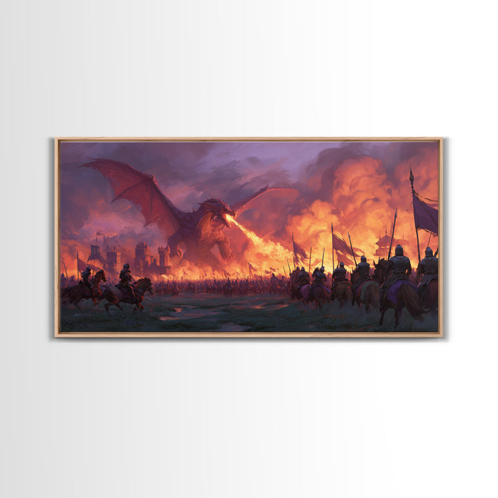 Fire Breathing Dragon Battlefield Canvas Print, Dark Fantasy Wall Art, Medieval Castle Decor, Epic Warrior Battle Scene Artwork